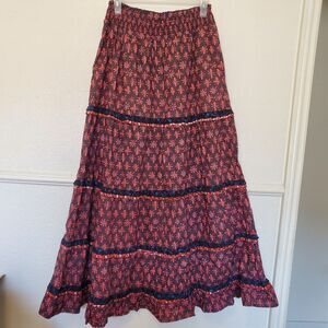 Anthropologie Genevieve Printed Tier Maxi Skirt Size L Multicolor Maroon